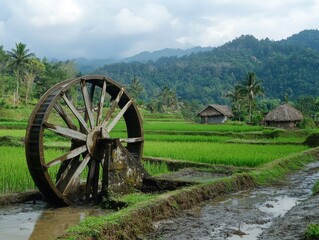 Fototapeta premium A farmer walking along the edge of a rice field, checking the water level and soil condition