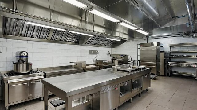 Empty Commercial Kitchen with Stainless Steel Fixtures and White Tiled Walls