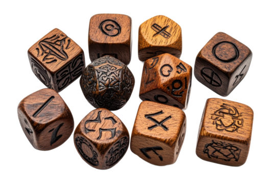 A collection of wooden dice with various symbols and designs Isolated on transparent background, PNG