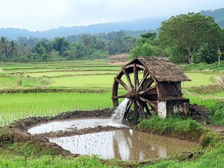 Obraz premium A farmer walking along the edge of a rice field, checking the water level and soil condition
