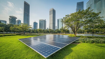 Naklejka premium Solar Panel Array in Urban Park with Tall Buildings in Background