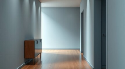 Fototapeta premium Modern hallway interior with wood cabinet, hardwood floor, white walls, and ample lighting.