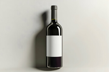 Wine bottle mockup with a blank white label on a light gray background with shadows
