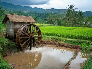 Fototapeta premium A farmer walking along the edge of a rice field, checking the water level and soil condition