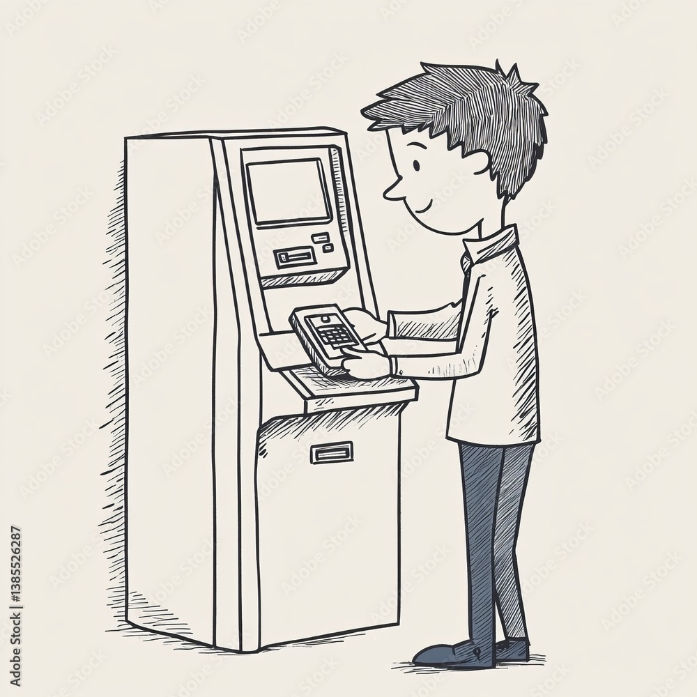 Poster continuous one line drawing businessman doing transaction at the atm. atm machine concept. single li