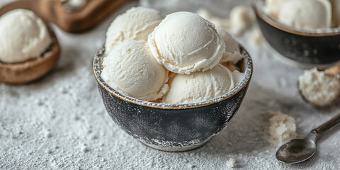 Fototapeta premium Natural ice cream scoops in a bowl on marble texture 