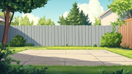 Sunny backyard patio scene with gray fence, green grass, and trees.