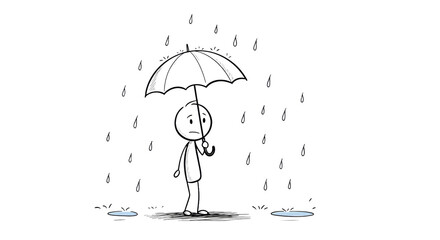 Sad stick figure standing in the rain under an umbrella concept