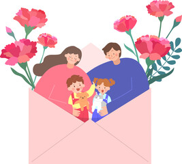 행복한 가족의 카네이션 가득한 어버이날 일러스트
