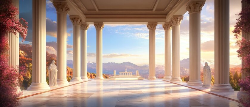 Majestic greek temple interior with doric columns and panoramic mountain view background for classical architecture enthusiasts - Powered by Adobe