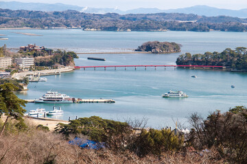 Aerial view of Matsushima near Sendai, Miyagi, Japan from Saigyo Modoshi no Matsu Park viewpoint