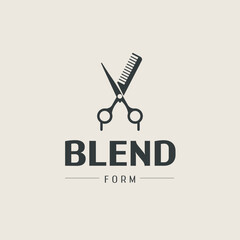 Stylized logo of a pair of scissors and a comb with the words Blend Form written below