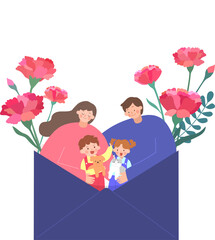 행복한 가족의 카네이션 가득한 어버이날 일러스트