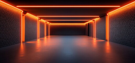 Fototapeta premium Neon Orange Garage Empty Interior with Brick Walls