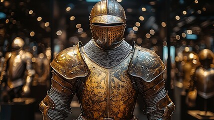 Resplendent Armor: A close-up of antique armor, exhibiting exquisite craftsmanship and design. Capturing a sense of valor, heritage, and military prowess in a historical setting.