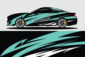 Obraz premium Stylized racing car in profile view with dynamic graphics and bold colors on a minimalist background