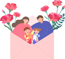 행복한 가족의 카네이션 가득한 어버이날 일러스트