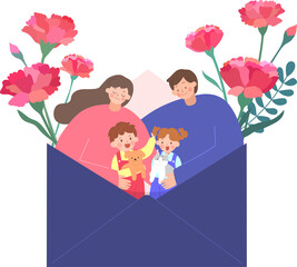 행복한 가족의 카네이션 가득한 어버이날 일러스트