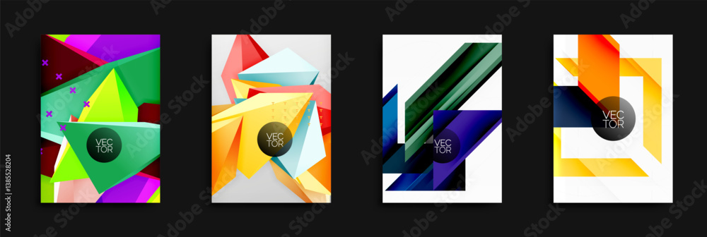 Poster Four abstract vector backgrounds. Geometric shapes overlap, creating dynamic compositions. Bright colors dominate, including green, purple, orange, blue, yellow. Modern design elements present.