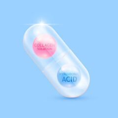 Hyaluronic acid serum blue and Collagen solution pink in translucent capsule. Helps keep skin moisturized and youthful. For cosmetic ads medical beauty. Vector EPS10.