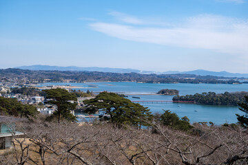 Aerial view of Matsushima near Sendai, Miyagi, Japan from Saigyo Modoshi no Matsu Park viewpoint