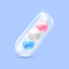 Moisturizer Hyaluronic acid serum blue Collagen solution pink in translucent capsule. Helps keep skin moisturized and youthful. For cosmetic ads medical beauty. Vector EPS10.