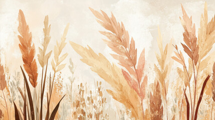 Artistic rendering of boho dried plants, including muted blush elongated leaves, shredded golden palm leaf