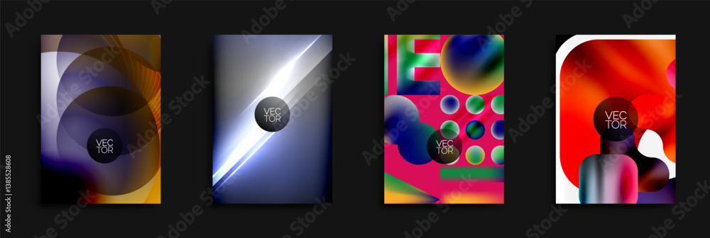 Poster abstract vibrant designs showcase fluid shapes, gradients, overlapping elements. modern compositions