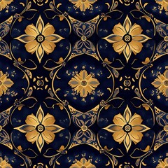 Elegant Floral Pattern in Gold and Deep Blue Color Scheme