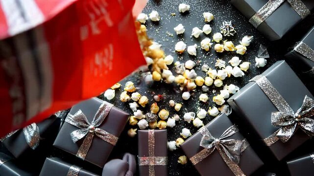 Festive celebration with gifts, popcorn, and sparkling decorations for a joyful occasion
