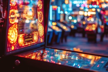 Pinball machine shining in amusement arcade at night