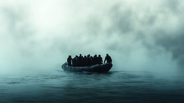 Silhouetted figures in a small boat navigate a foggy sea.