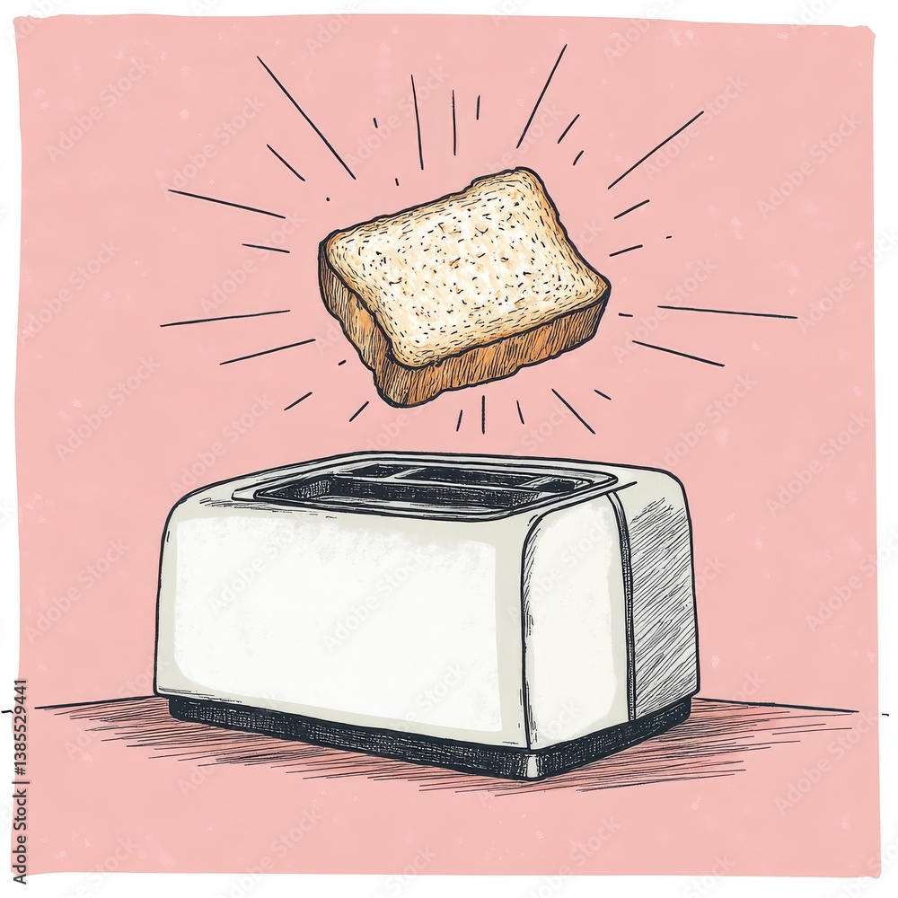 Poster continuous one line drawing toaster with bread. kitchen appliances concept. single line draw design 