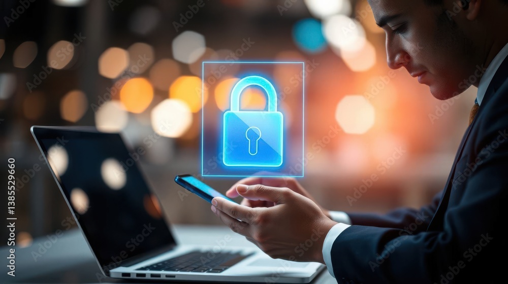 Poster secure mobile access: man using phone with digital padlock overlay, symbolizing data protection on t