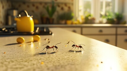 Two ants on kitchen counter with crumbs, sunlight streaming through window.