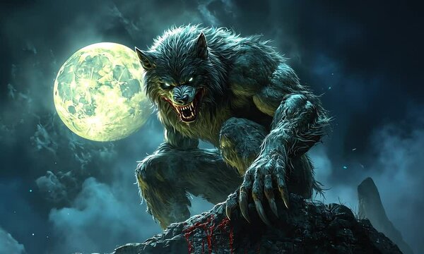 A fierce werewolf stands atop a rocky outcrop under a glowing full moon, showcasing its menacing presence