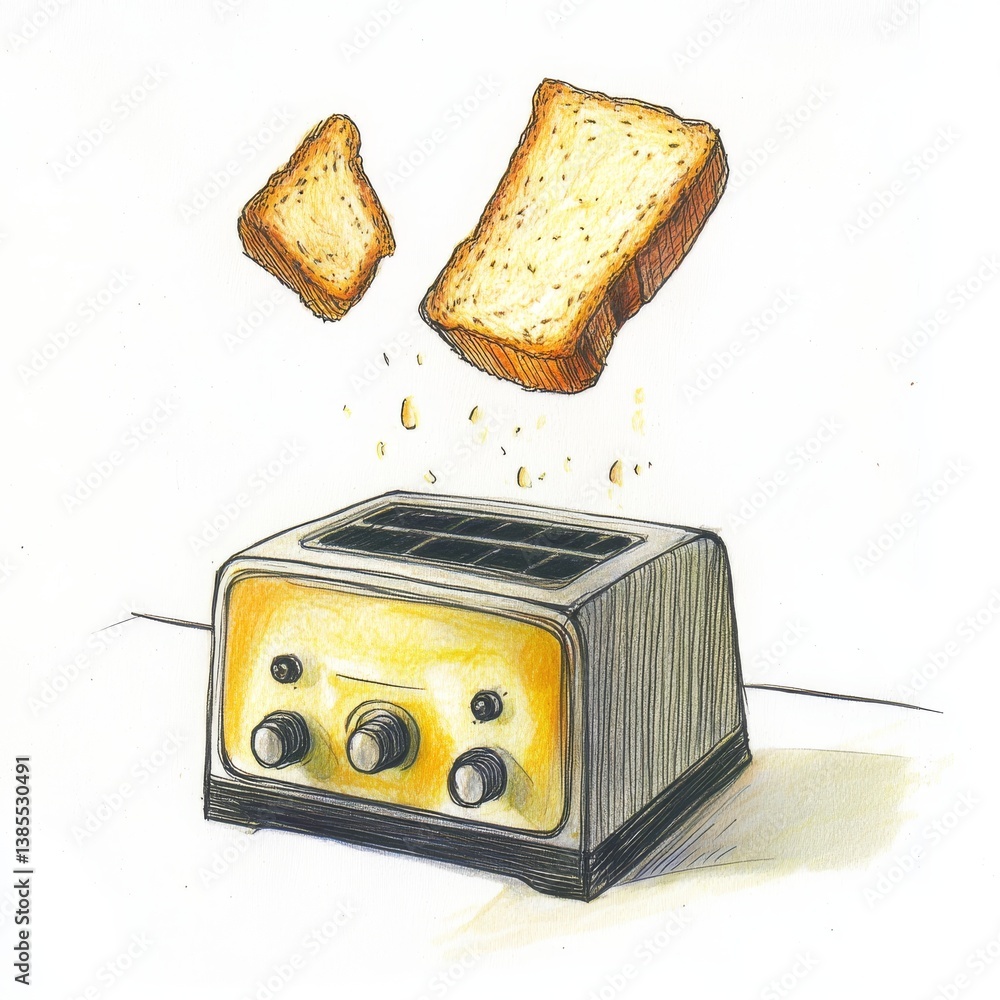 Poster continuous one line drawing toaster with bread. kitchen appliances concept. single line draw design 
