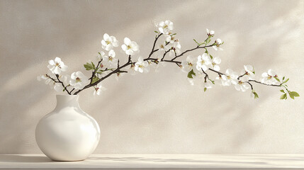 Cherry blossom branch placed in white ceramic vase