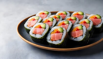 Elegant plate of traditional su - te featuring deliciously rolled rice and savory fillings for a gourmet experience