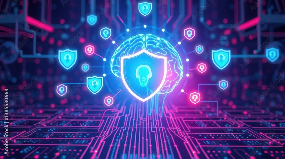 Poster cybersecurity: shielded brain with digital network, illustrating ai data protection with bright neon