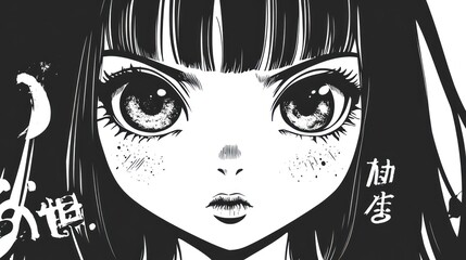 Close-up black and white illustration of an anime girl's face with intense expression.