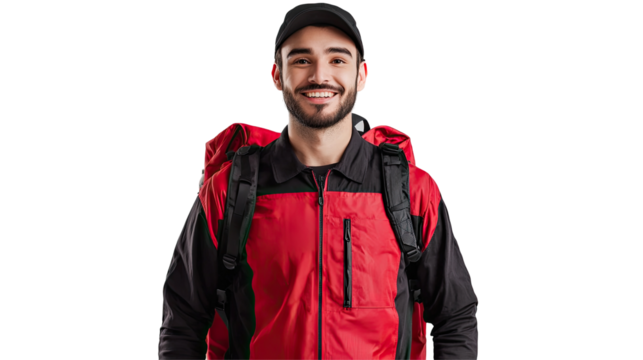 Smiling Male Courier in Red and Black Uniform with Backpack, Isolated on transparent background