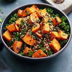 A bowl of roasted sweet potatoes with quinoa and kale. Featuring flavor and nutrition