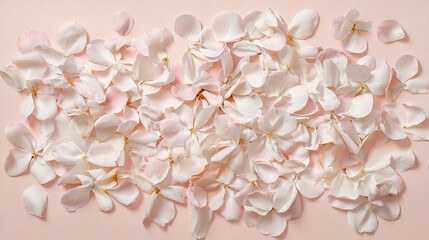 Cherry blossom petals scattered on a pale pink background