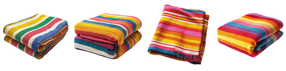 Colorful striped blankets folded neatly showcasing vibrant waves on transparent background