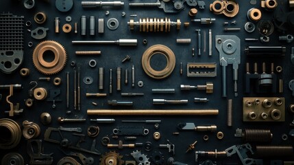 Fototapeta premium Flat lay of various metallic industrial parts and components on dark background. (1)