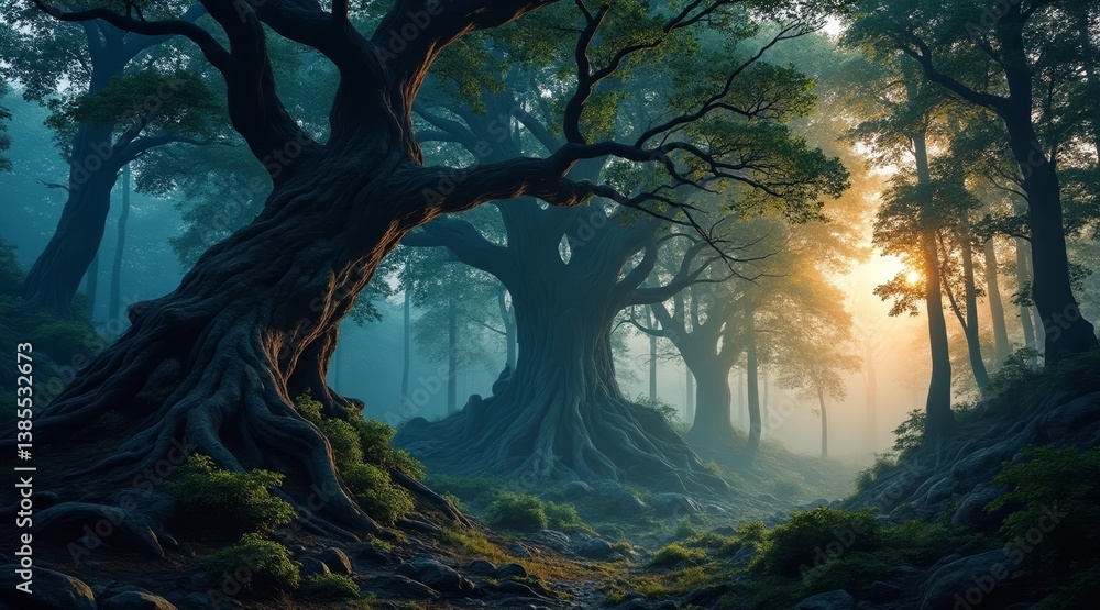 Poster earthquake and magnitude concepts, mysterious forest with ancient trees and soft sunlight filtering 