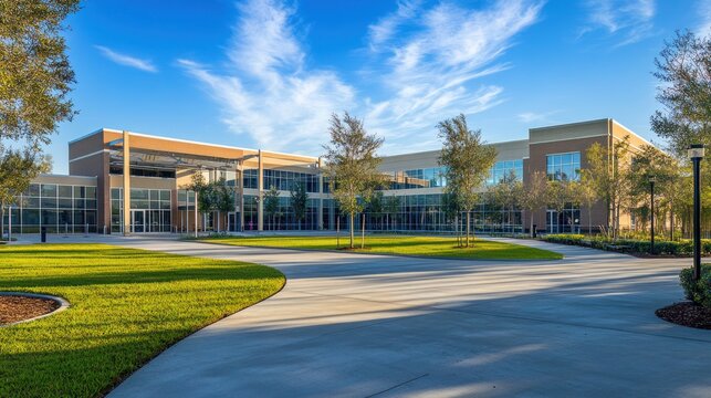 Modern school campus with expansive lawn, pathway, and contemporary architecture under a vibrant sky.