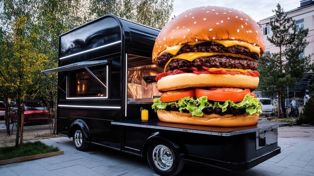 Mobile food truck serving a giant burger - Powered by Adobe