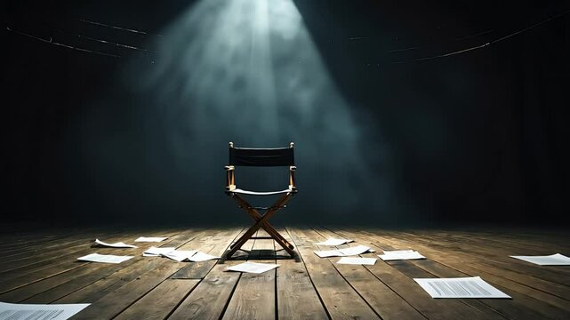 Director&rsquo;s chair under dramatic spotlight on wooden stage floor surrounded by scattered script pages in a dimly lit dark theatrical setting

